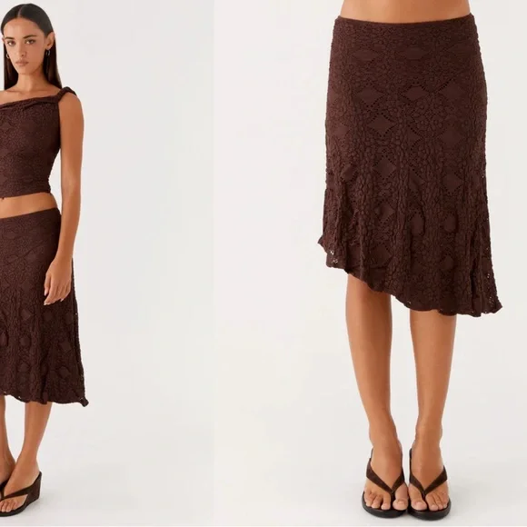 NWT Peppermayo Diamond Sky Midi Skirt Asymmetrical Chocolate - Picture 3 of 4